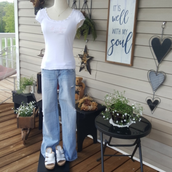 KAVIO ♡ White Embroidered Pink "Love to Cheer" Ruffled Embellished Bling Top XL - Picture 3 of 17